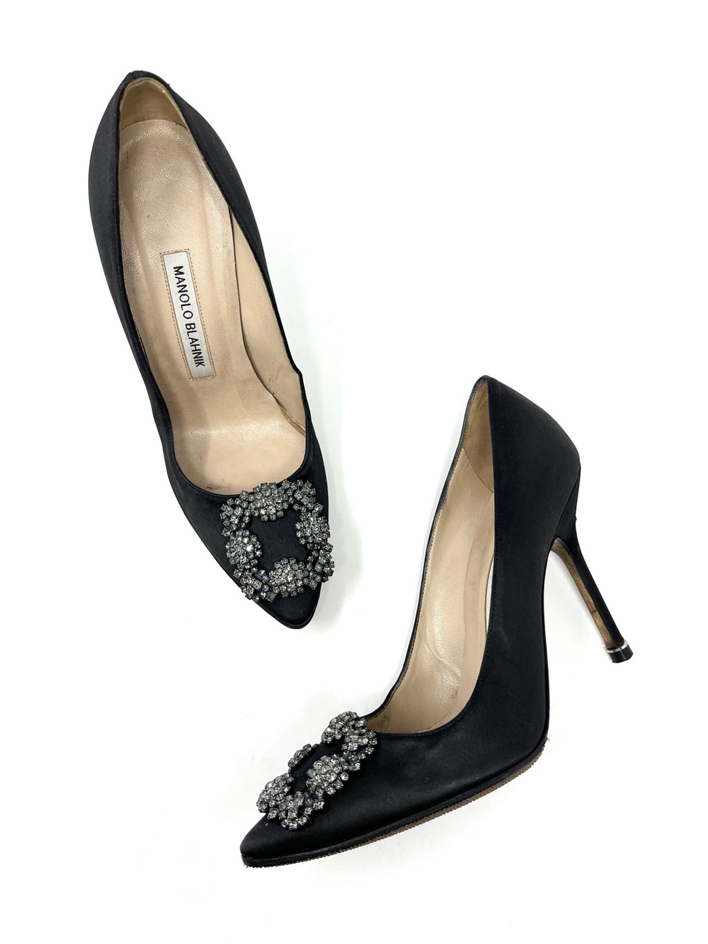 Manolo Blahnik Black Satin Hangisi 105 Crystal Buckle High Heels Pumps 37.5